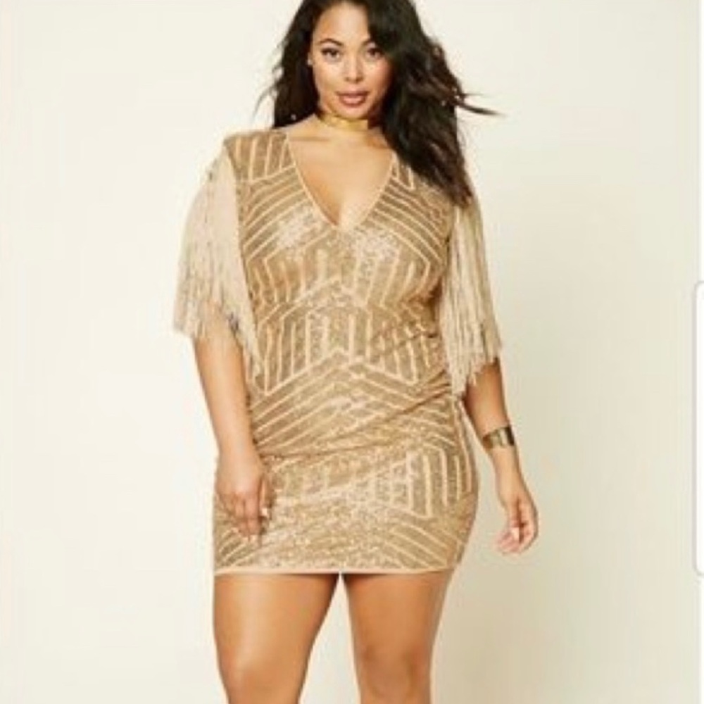 Plus Gold Sequins Dress w/ Shoulder Tassels / 2X